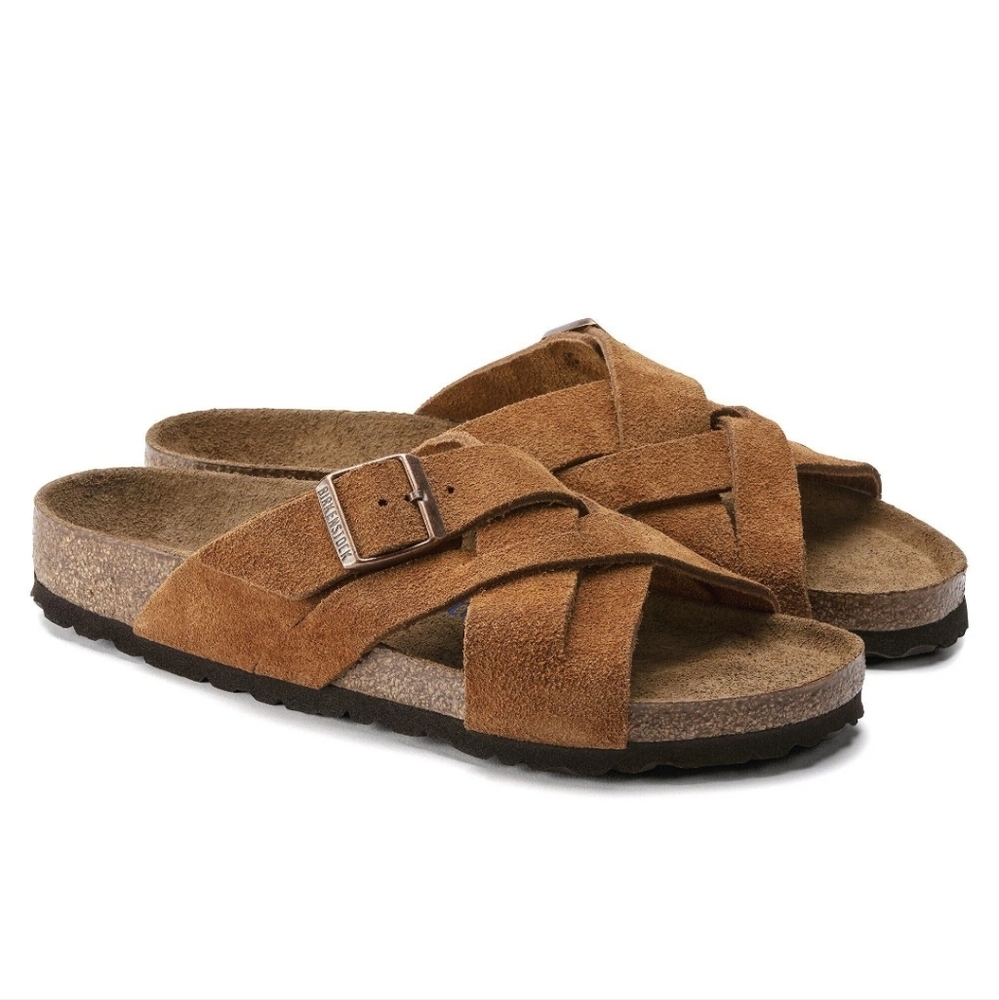 Birkenstock Tan Suede Cross-Strap Sandals.New